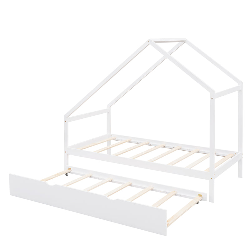 Twin Size Wooden House Bed With Twin Size Trundle, White