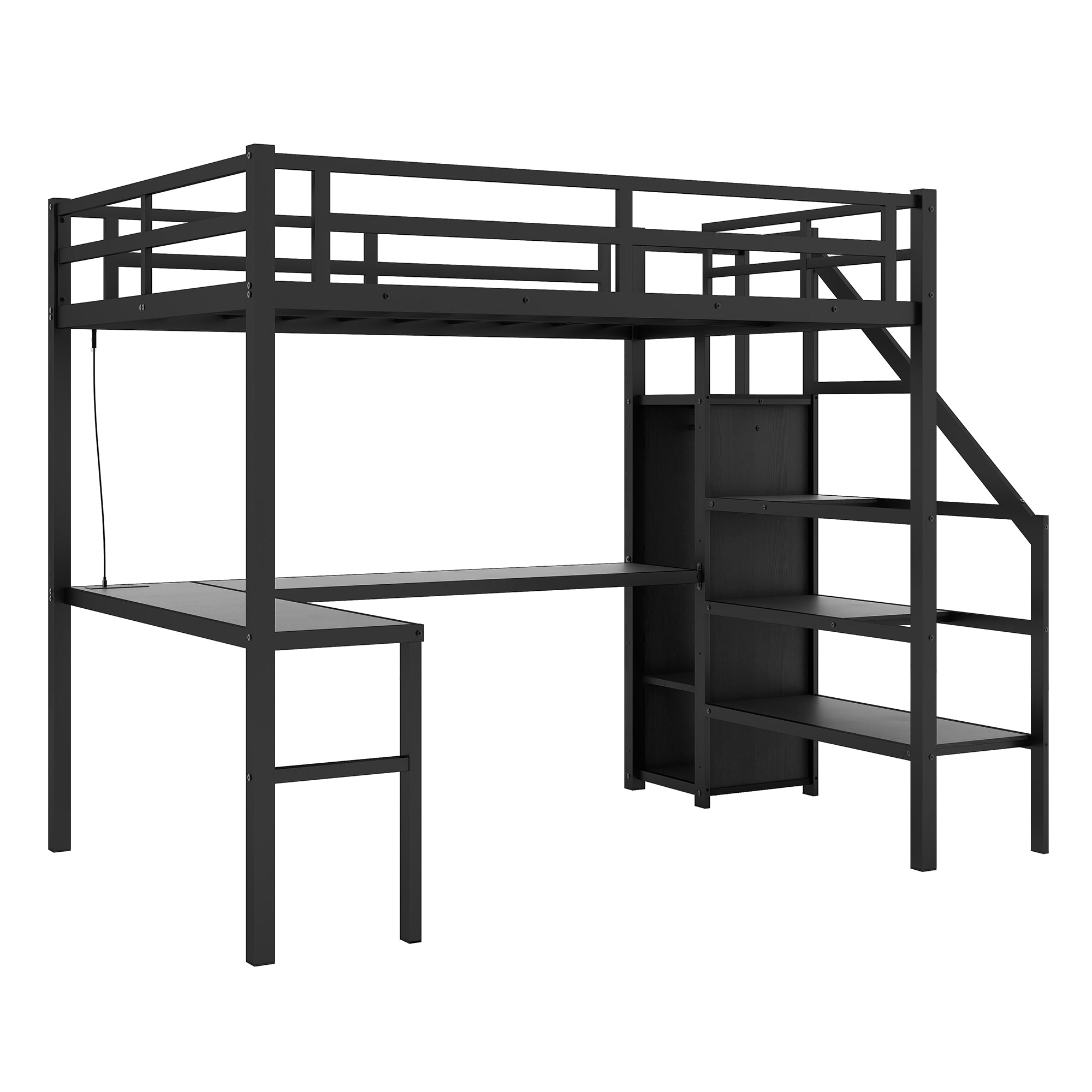 Full XL Size Loft Bed with L-shaped Desk and USB, Metal Loft Bed with Wardrobe and Adjustable Shelf, High Loft Bed with LED for Kids Teens Adults, Black