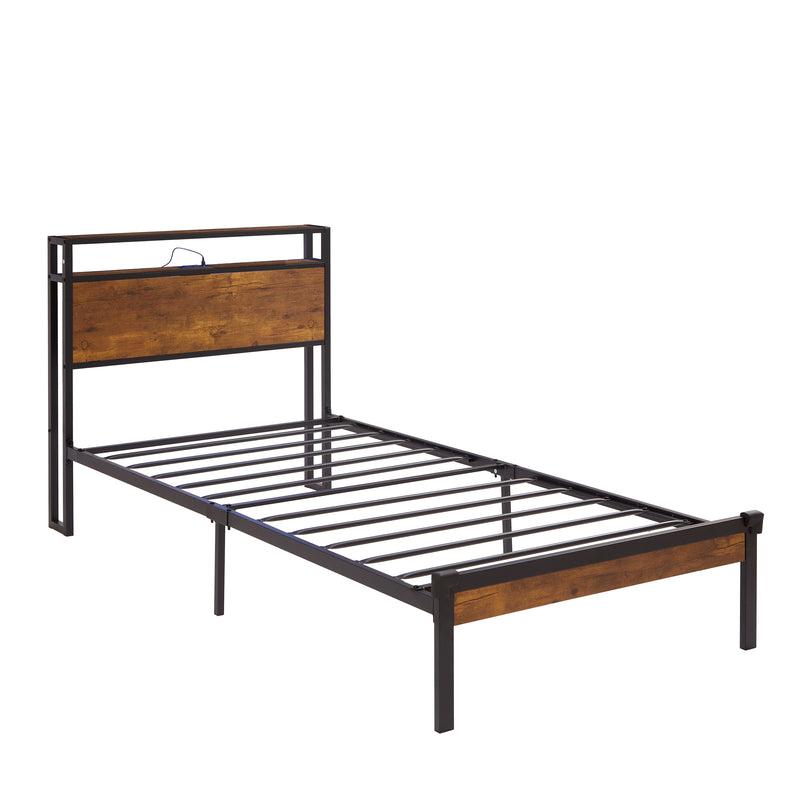 Twin Size Metal Platform Bed Frame with Wooden Headboard and Footboard with USB LINER, No Box Spring Needed,  Under Bed Storage, Easy Assemble