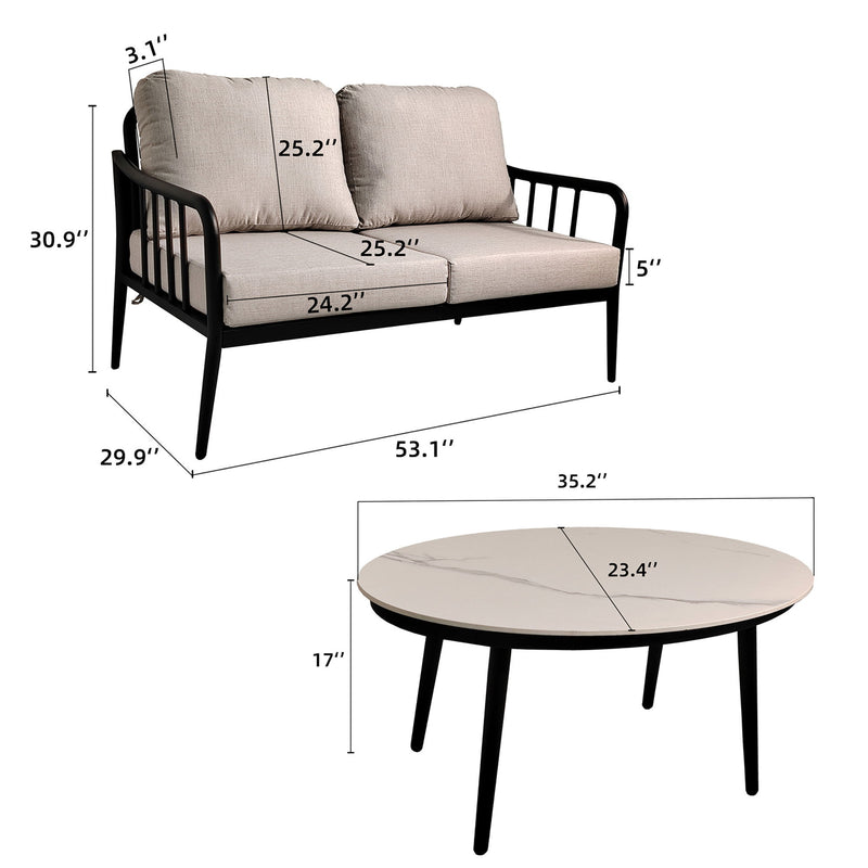 2 Piece Outdoor Aluminum Patio Furniture, Modern Loveseat Sofa Conversation / Chat Set, Sunbrella Cushions And Oval Coffee Table With White Carrara Marble-Look Sintered Stone Top - Ember Black / Beige