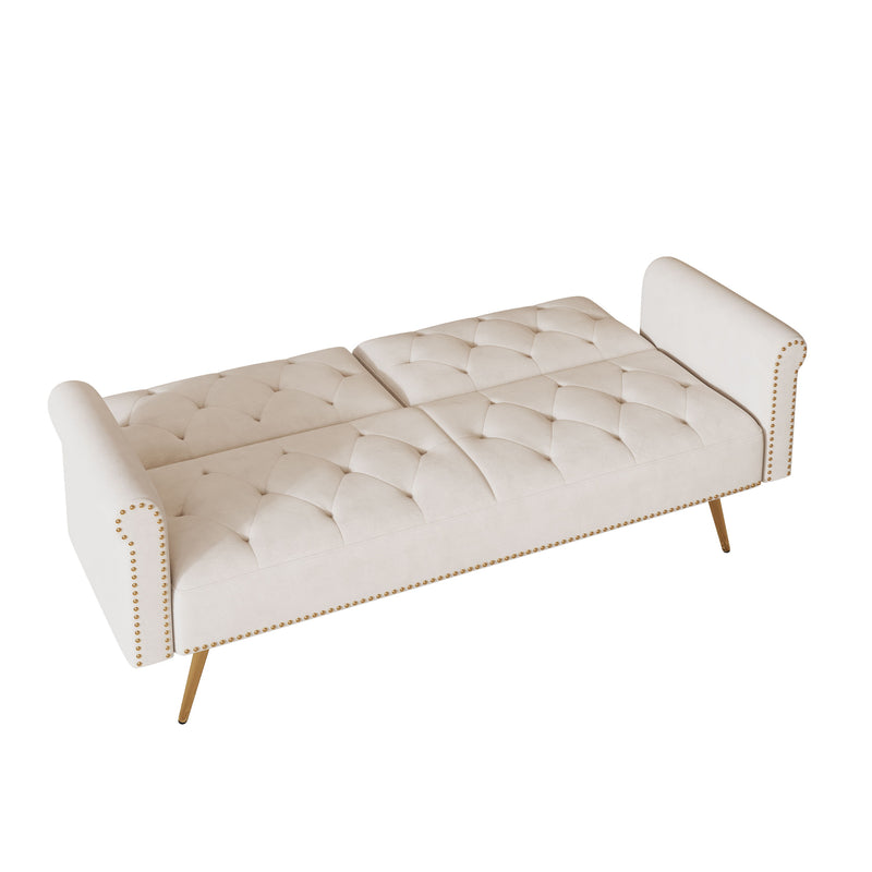 Velvet Nail Head Sofa Bed With Throw Pillow