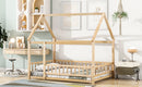 Full Size Floor Wooden Bed with House Roof Frame, Fence Guardrails ,Natural
