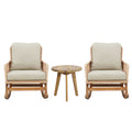 Modern 3 Piece Outdoor Seating Set With Cushioned Rattan Rocking Chairs And Wooden Accent Table