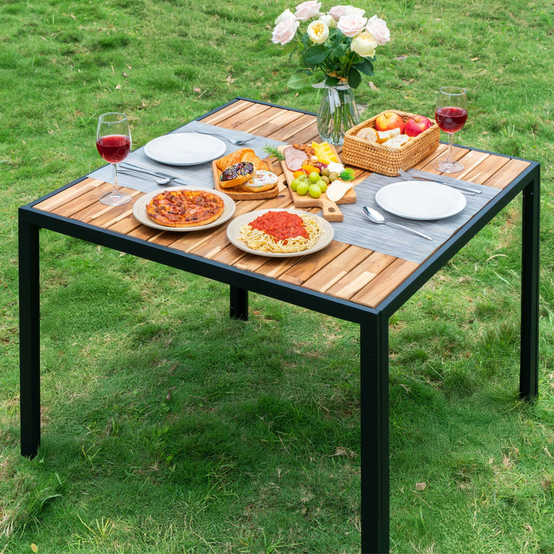 5 Piece Patio Dining Table Set, Acacia Wood Table Top With Umbrella Hole