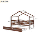 Full Size Wooden House Bed with Twin Size Trundle, Walnut