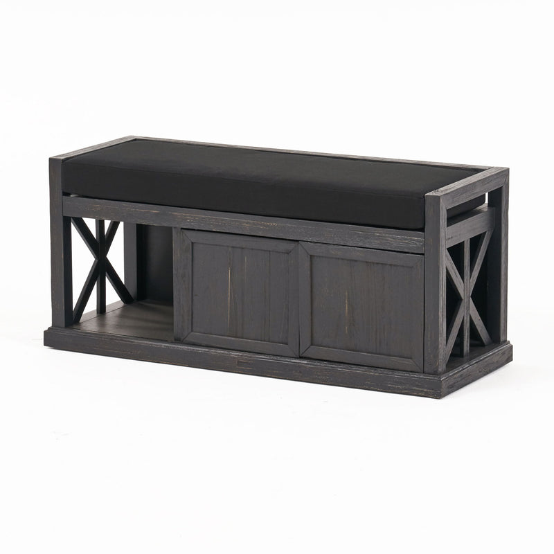 Wood Bench With 2 Open Shelves And Water Resistant Cushion - Dark Gray
