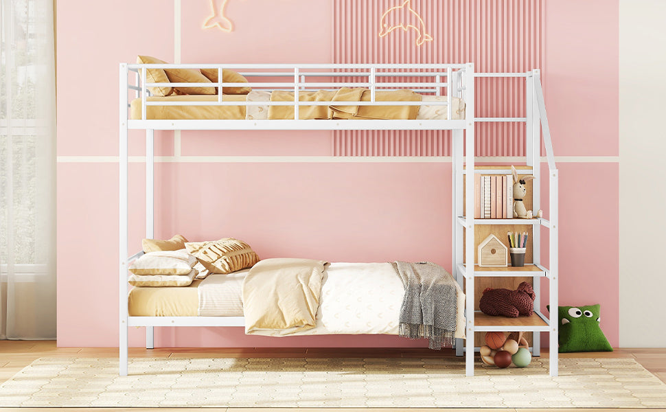 Full Over Full Metal Bunk Bed with Lateral Storage Ladder and Wardrobe, White - Atlantic Fine Furniture Melbourne FL