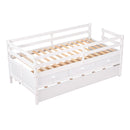 Low Loft Bed Twin Size with Full Safety Fence, Climbing ladder, Storage Drawers and Trundle White Solid Wood Bed
