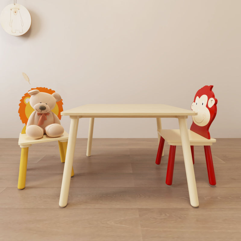 Kids Table And 2 Chairs Set, 3 Pieces Toddler Table And Chair Set, Wooden Activity Play Table Set (Lion&Monkey) - Natural