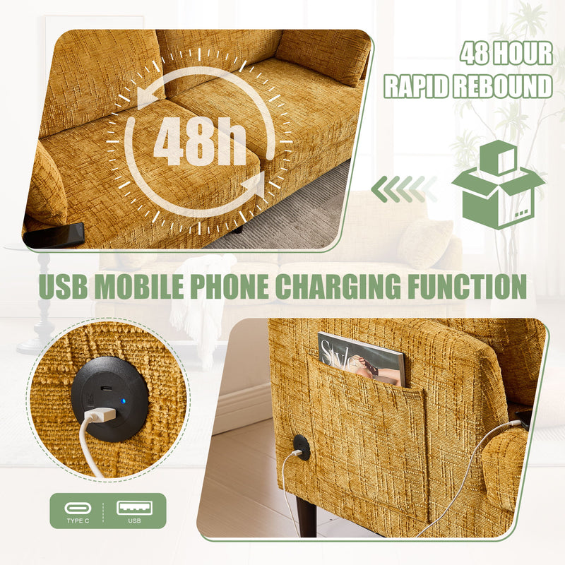 Chenille 2 Seater Sofa With LED Light, USB Charging Port, And Storage Bag