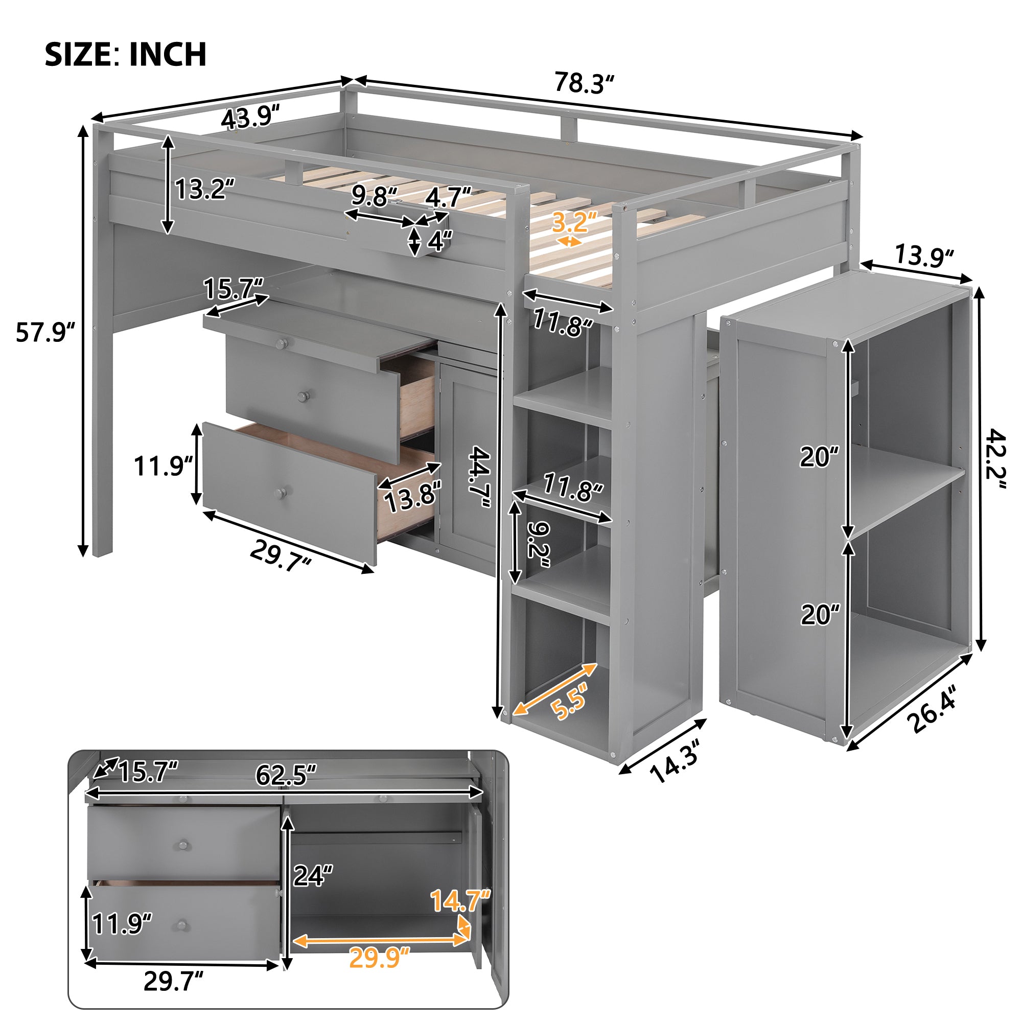 Loft Bed with Rolling Cabinet and Desk - Gray - Atlantic Fine Furniture Melbourne FL
