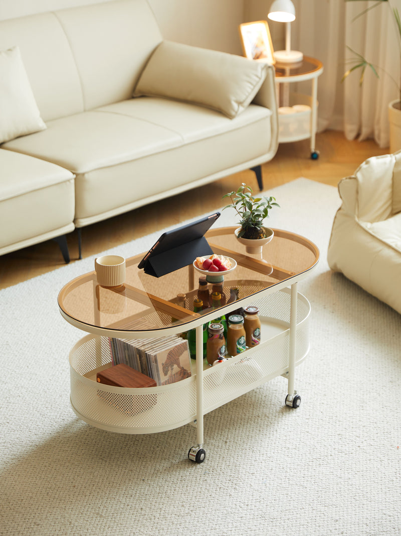 Movable Oval Metal Glass Coffee Table With Storage - White