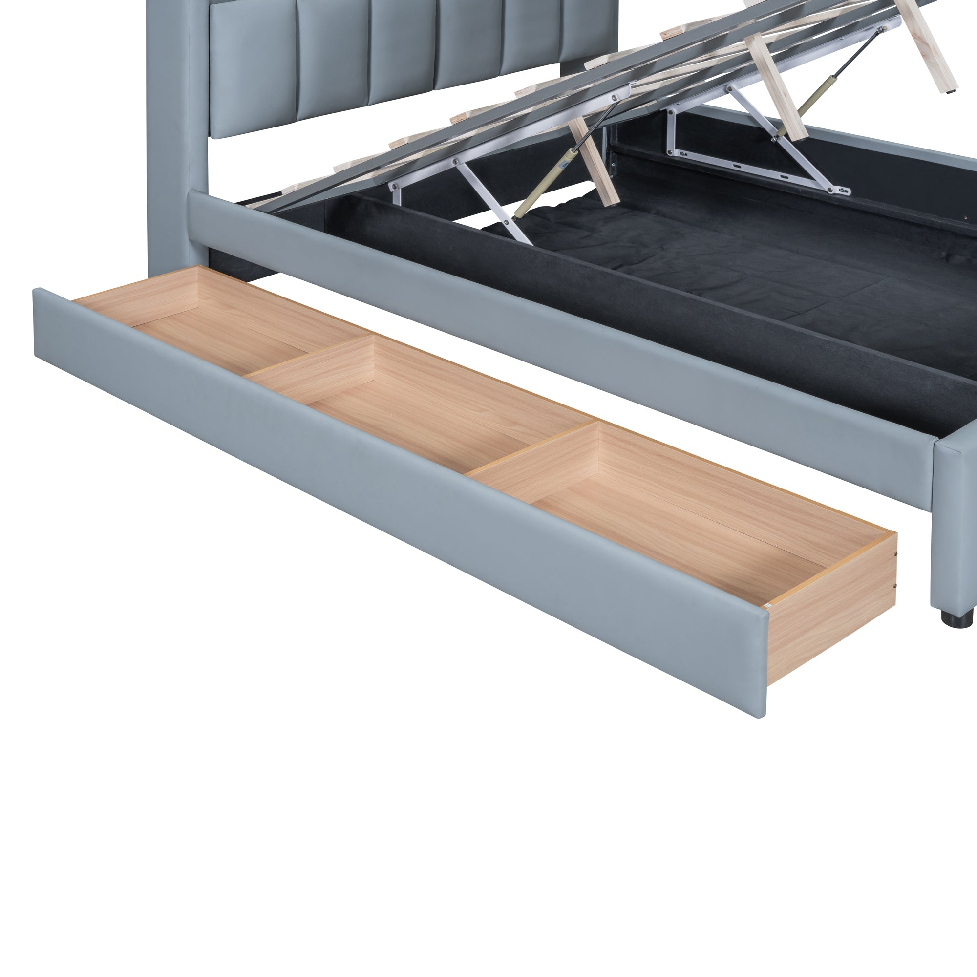 Queen Size & Twin XL Size Upholstered Platform Bed, Mother & Child Bed with Hydraulic Storage System, Drawer Box, Bedhead storage shelf and Two pairs of sockets & USB Ports, PU Leather, Gray - Atlantic Fine Furniture Melbourne FL