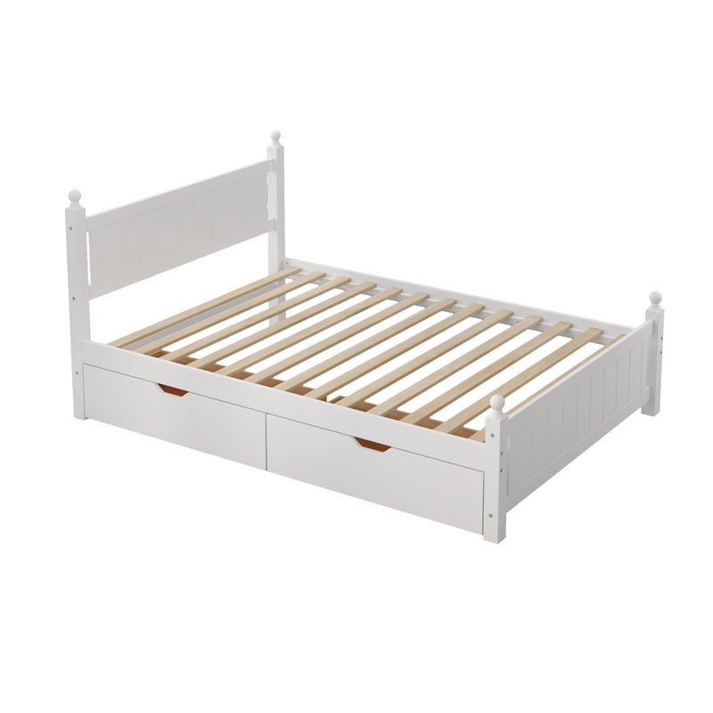Full Size Solid Wood Platform Bed Frame with 2 drawers for Limited Space Kids, Teens, Adults, No Need Box Spring, White