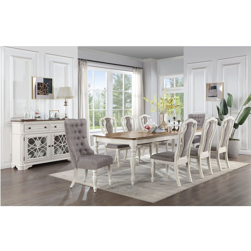 Rectangular Legs Table TwoTone Dining: Oak Top & Antique Base Wooden Top & Apron Padded Seat & Back Cushion: Fabric Wooden Turned Legs(Front) Server with 2 Drawers & 2 Doors Table Available in Two Sizes