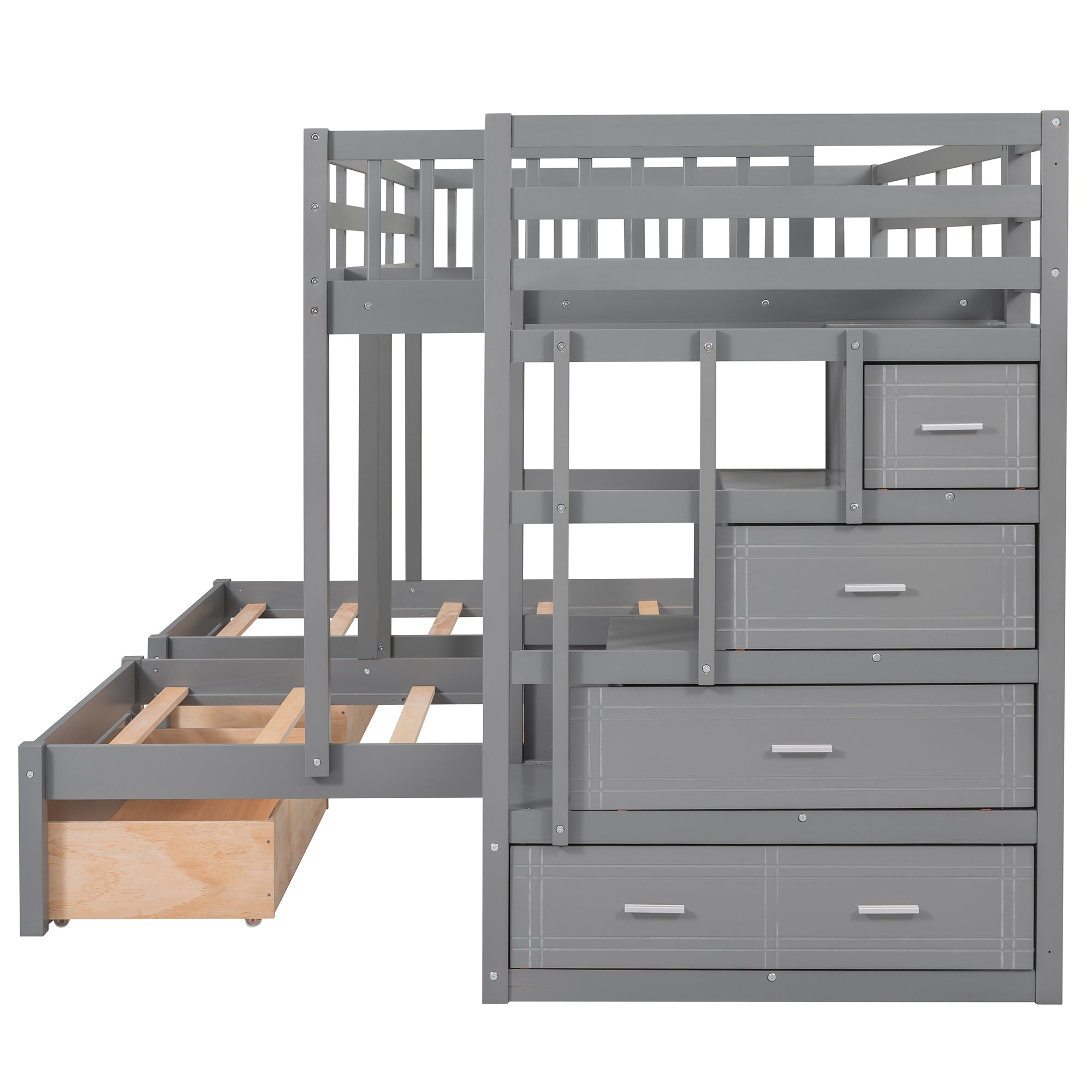Full Over Twin & Twin Bunk Bed, Wood Triple Bunk Bed with Drawers and Guardrails (Gray) - Atlantic Fine Furniture Melbourne FL
