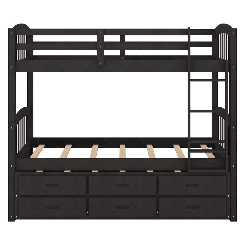 Twin over Twin Wood Bunk Bed with Trundle and Drawers, Espresso