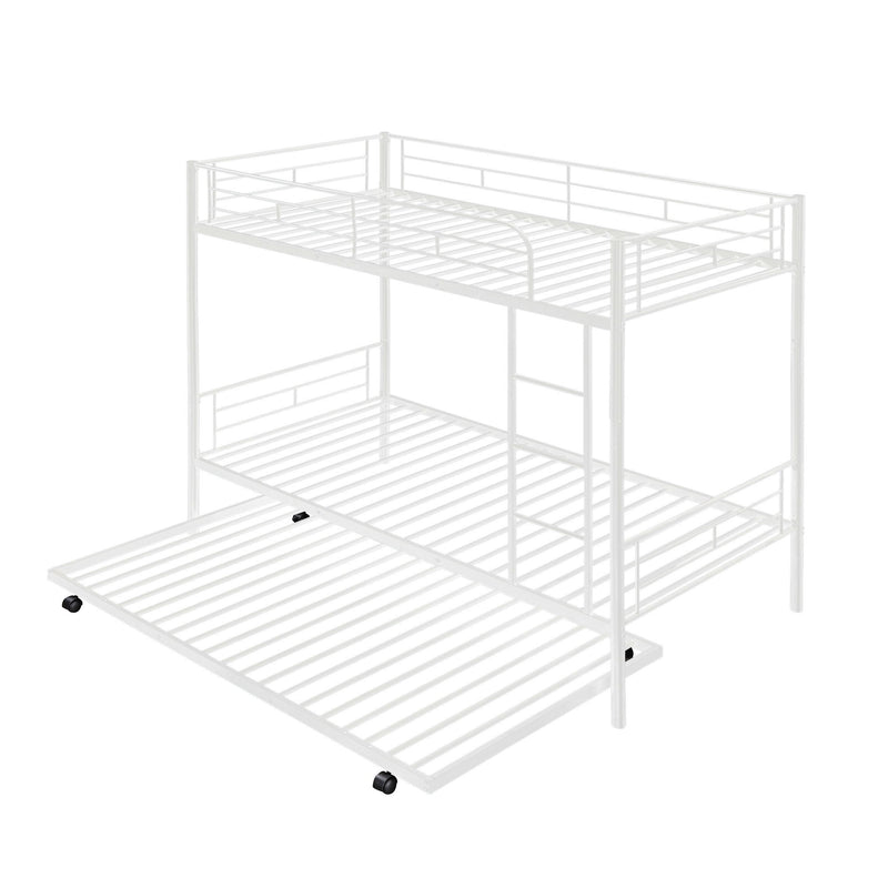 Twin Over Twin Metal Bunk Bed With Trundle, Can Be Divided Into Two Beds, No Box Spring Needed - White