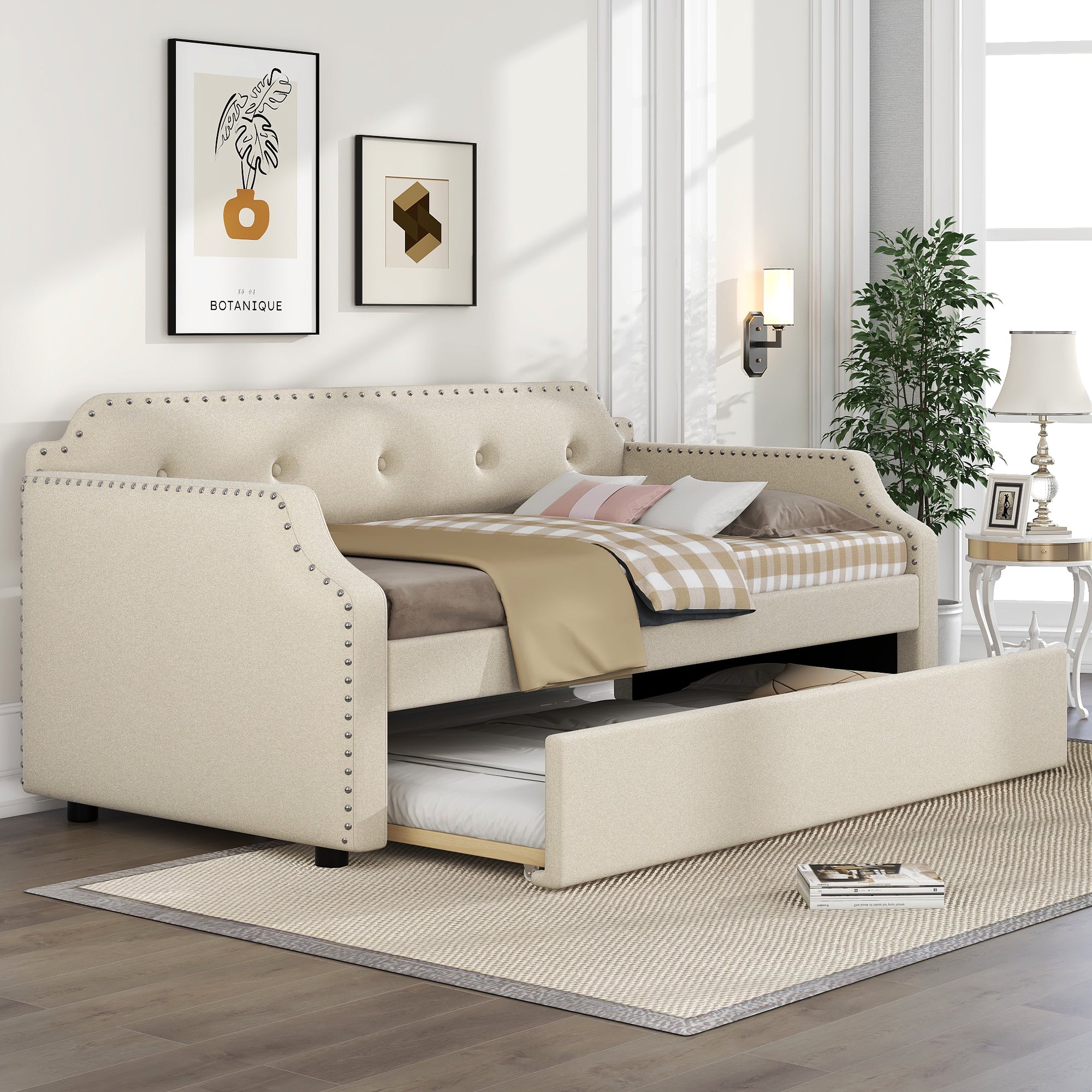 Upholstered Daybed with Trundle, Wood Slat Support,Upholstered Frame Sofa Bed, Twin, Beige - Atlantic Fine Furniture Melbourne FL