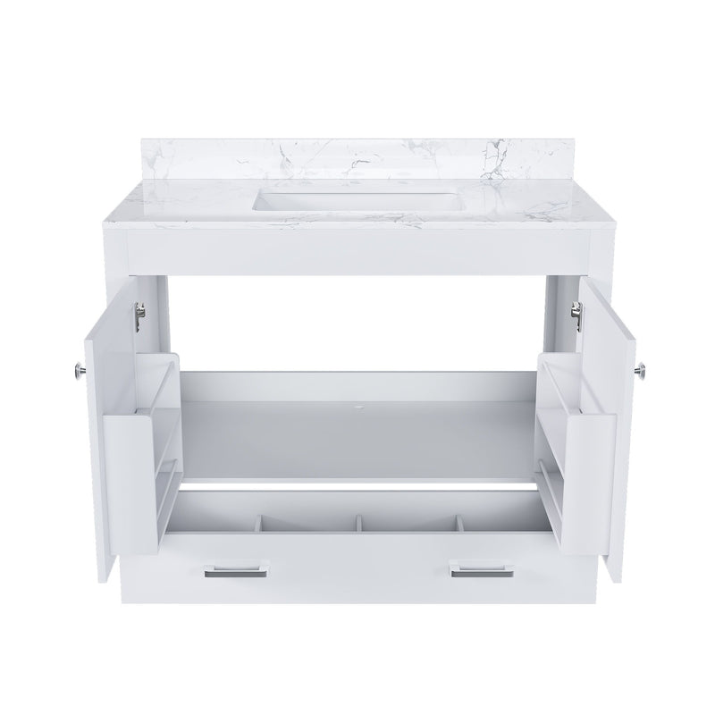 43" Bathroom Vanity With Artificial Marble Carrara Top Set, Multi Functional Bathroom Cabinet With Doors And Drawer - White