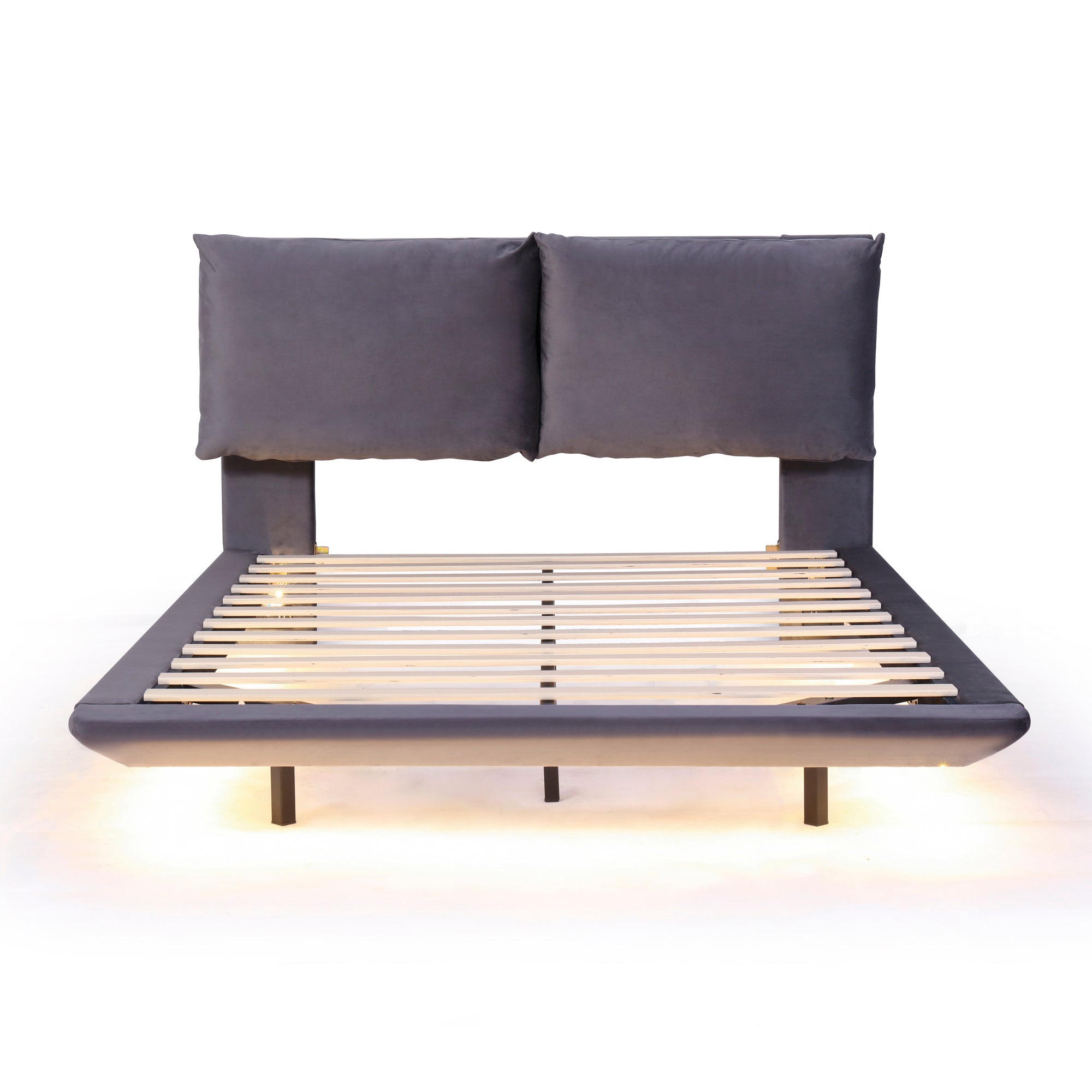 Queen Size Upholstered Platform Bed with Sensor Light and 2 Large Backrests, Stylish Platform Bed with 2 sets of USB Port and Socket on each rear Bed Leg, Gray - Atlantic Fine Furniture Melbourne FL