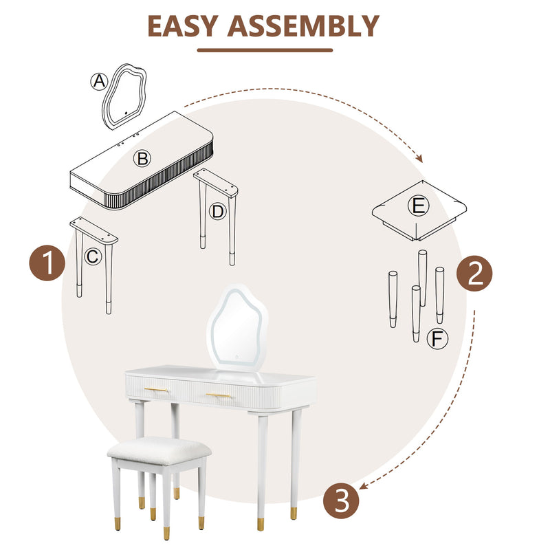 Modern Vanity Table Set With Mirror Touch Screen Lighted Mirror, Dressing Table And Cushioned Stool Set With 2 Large Drawers - White