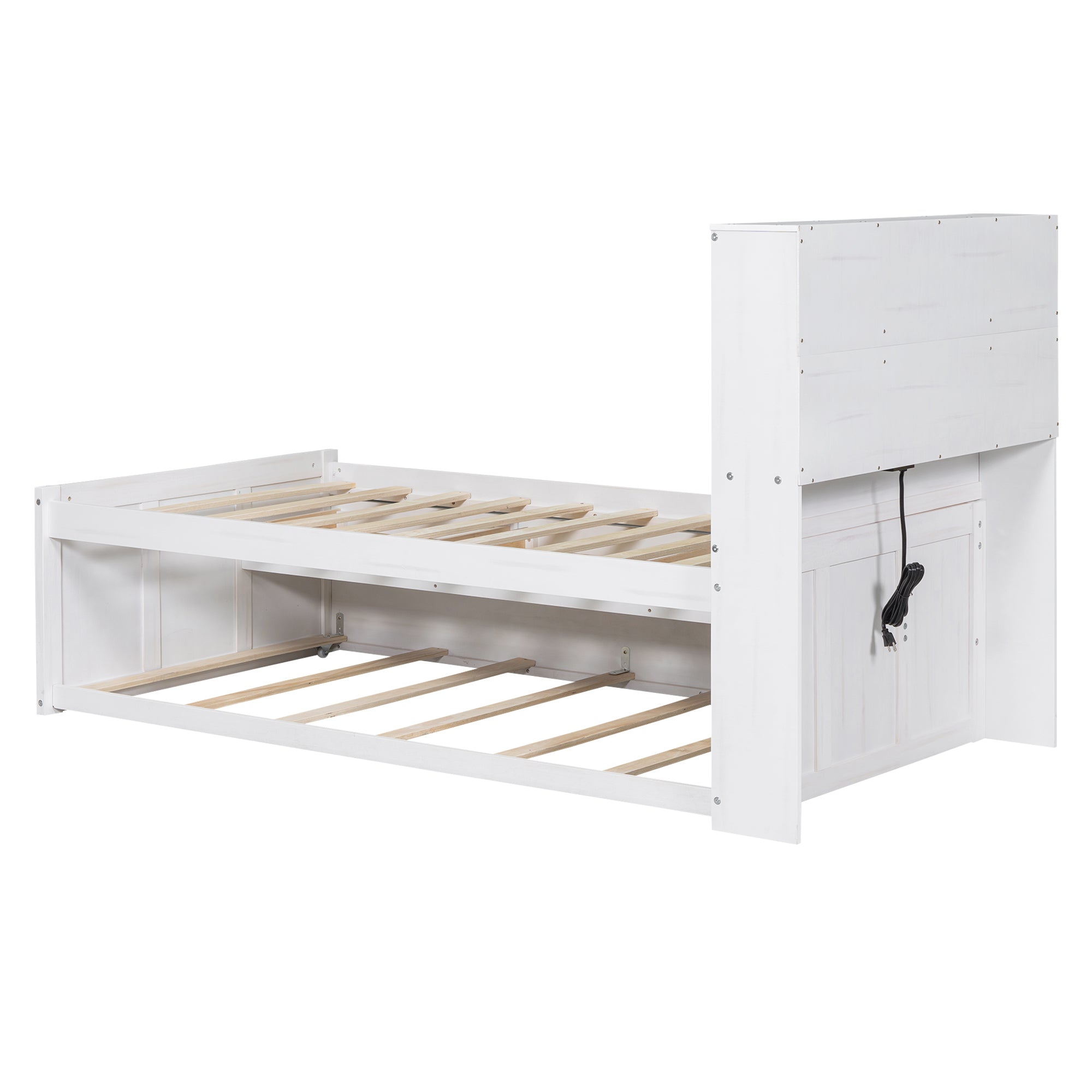 Twin Size Platform Bed with Storage Headboard, Charging Station, Twin Size Trundle and 3 Drawers, Antique White - Atlantic Fine Furniture Melbourne FL