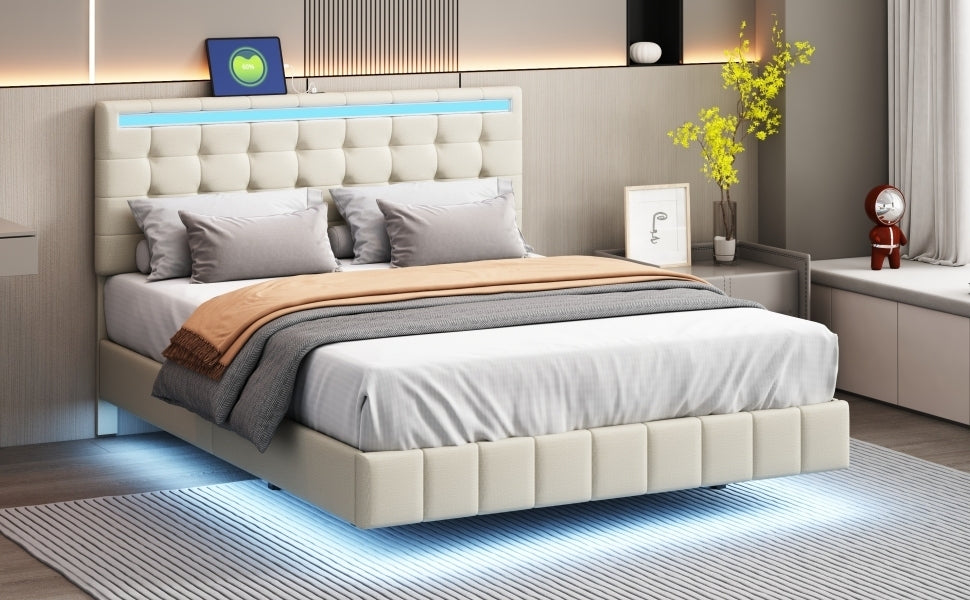 Queen Size Floating Bed Frame with LED Lights and USB Charging,Modern Upholstered Platform LED Bed Frame,Beige - Atlantic Fine Furniture Melbourne FL