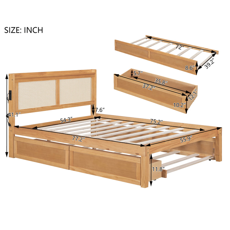 Full Size Elegant Bed Frame with Rattan Headboard and Sockets ,Walnut