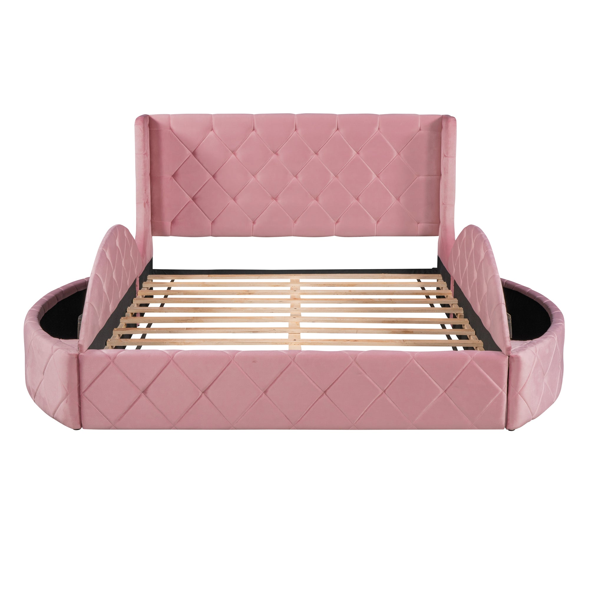 Upholstered Platform Bed Queen Size Storage Velvet Bed with Wingback Headboard and 1 Big Drawer,2 Side Storage Stool(Pink) - Atlantic Fine Furniture Melbourne FL