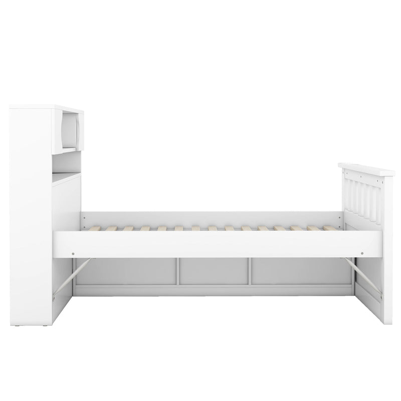 Captain Platform Bed Frame With Storage Bookcases, Shelves, And 4 Drawers