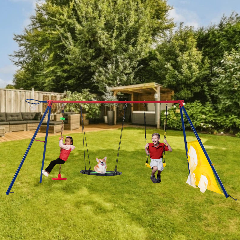 5 In 1 Swing Set With Textilene Swing And Tree Swing Disc Metal Plastic Safe Swing Seat For Outdoor Playground - Blue / Green