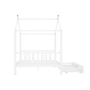 Full Size Metal House Platform Bed with Two Drawers,Headboard and Footboard,Roof Design,White