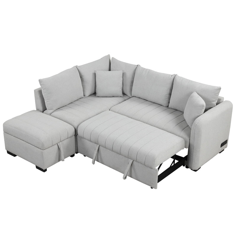 L-Shaped Sectional Pull Out Sofa Bed Sleeper Sofa With Two USB Ports, Two Power Sockets And A Movable Storage Ottoman