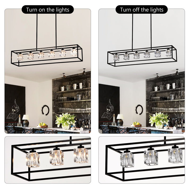 6 Light Farmhouse Chandelier, Modern Industrial Linear Rectangular Crystal Pendant Light Cage Chandelier For Dining Room, Kitchen Island, Bar, Long Table, G9*6 Bulbs Included - Matte Black