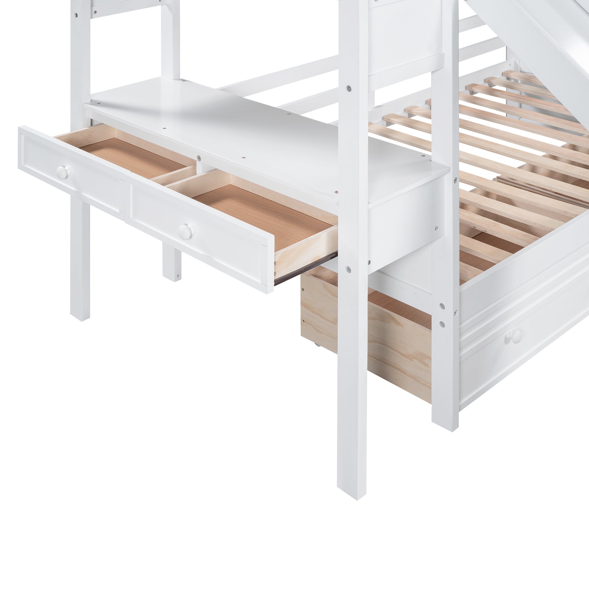 Twin over Twin Bunk Bed with Storage Staircase, Slide and Drawers, Desk with Drawers and Shelves, White - Atlantic Fine Furniture Melbourne FL