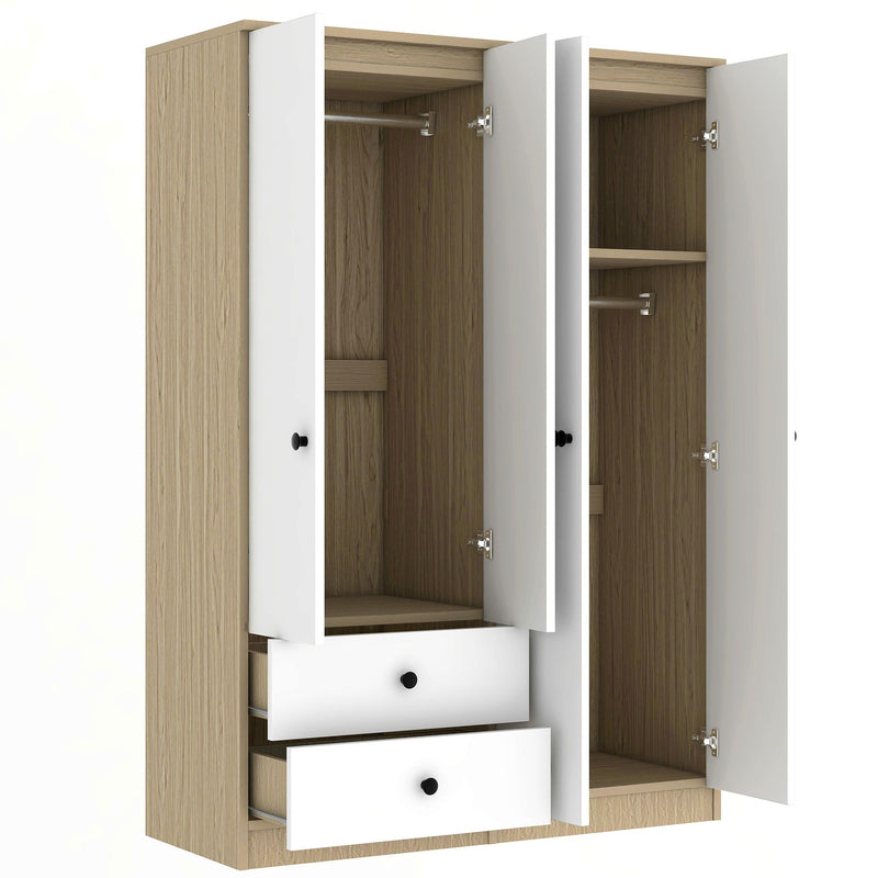 4 Door Wardrobe Closet With Drawers, Shelf, And Hanging Rod - White / Natural