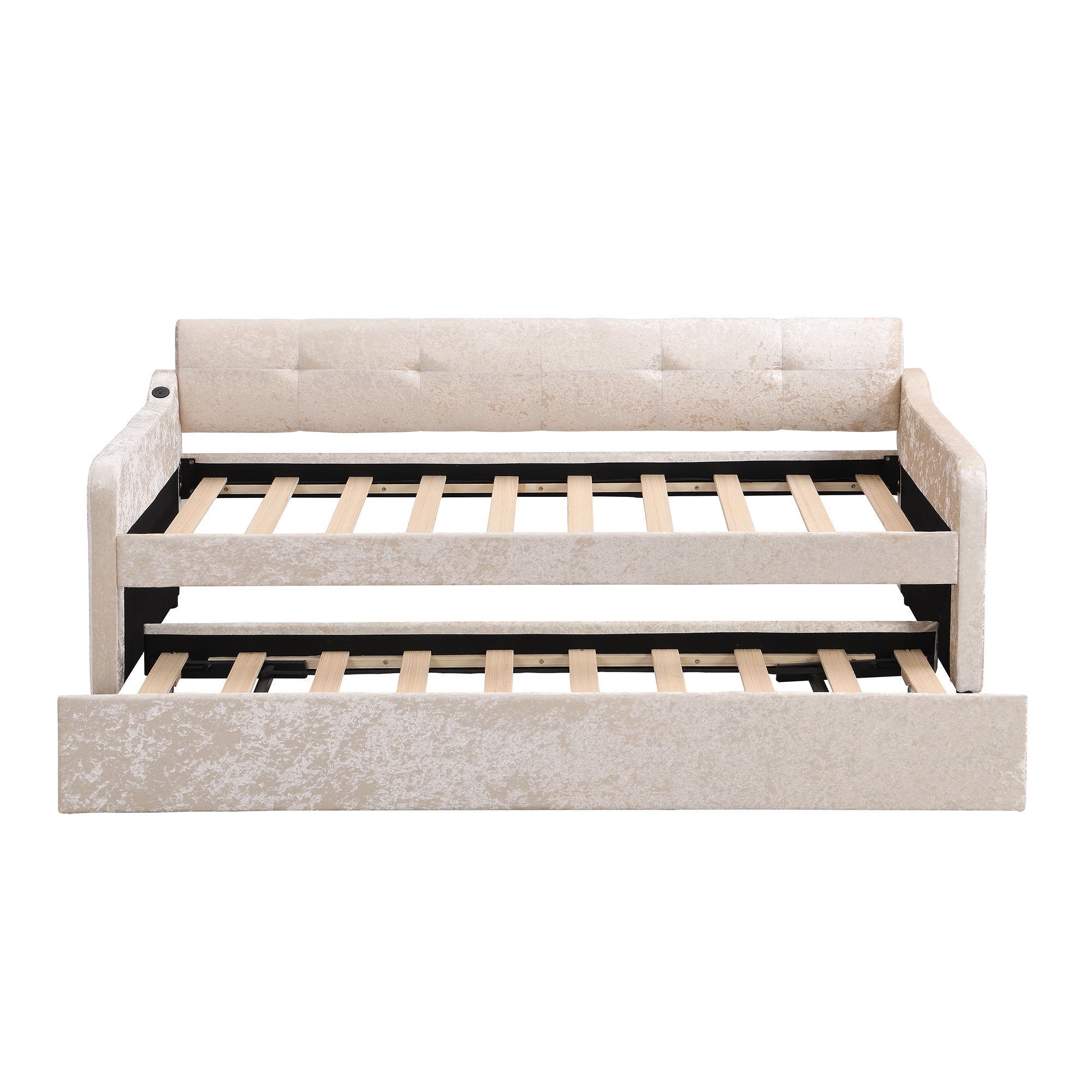 Twin Size Snowflake Velvet Daybed with Trundle and USB Charging Design,Beige - Atlantic Fine Furniture Melbourne FL