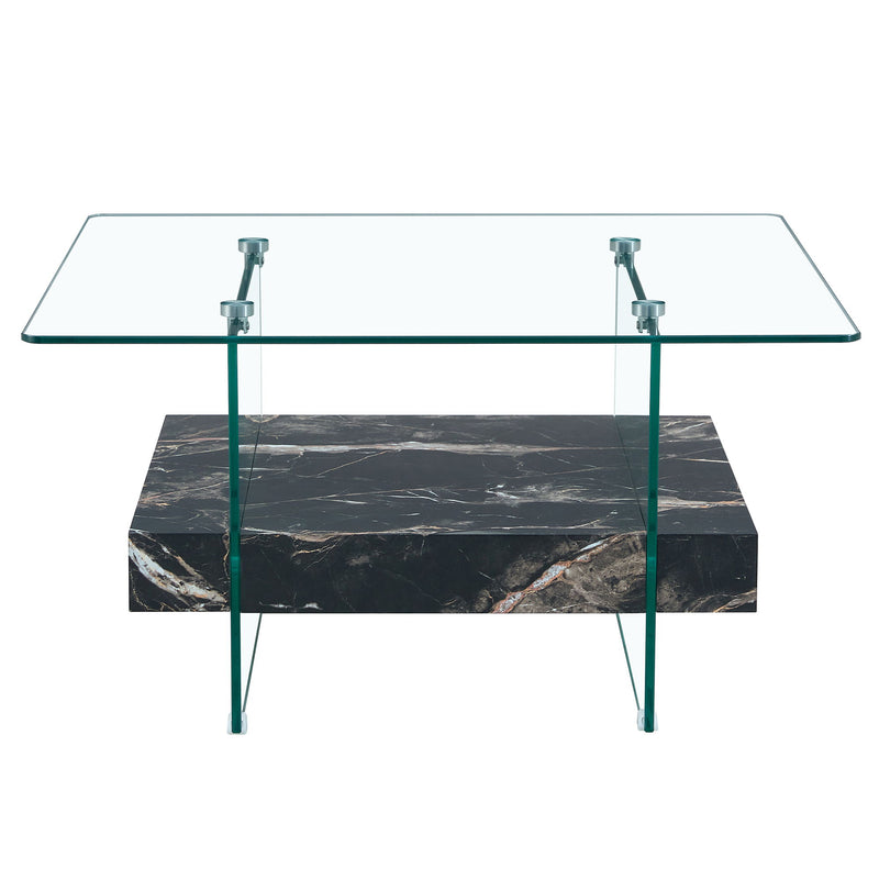 Modern 2 Tier Square Coffee Table, Elegant Marble Pattern