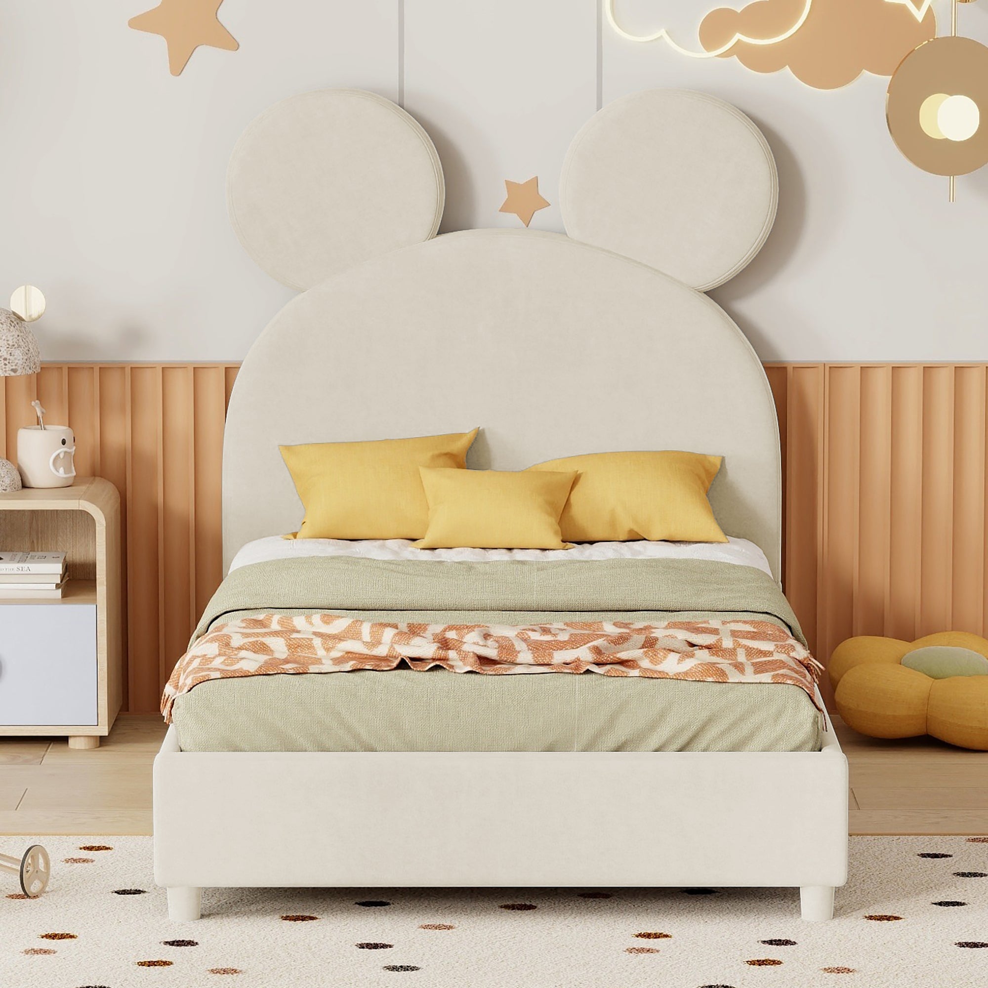 Twin Size Upholstered Platform Bed with Bear Ear Shaped Headboard, Beige - Atlantic Fine Furniture Melbourne FL