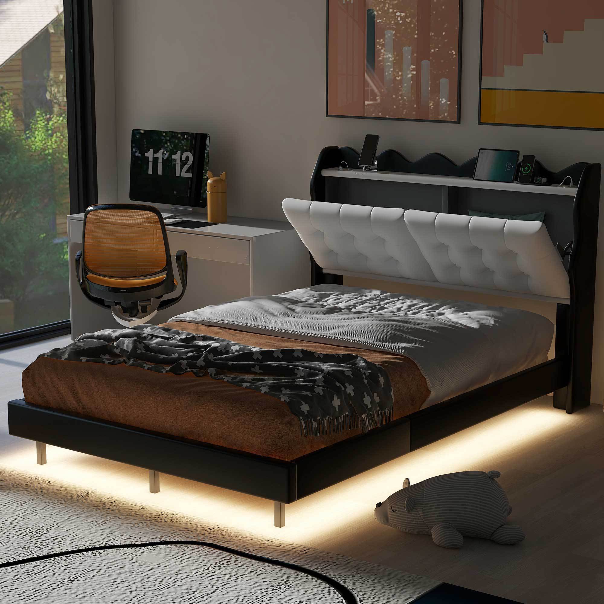 Full Size Upholstery Platform Bed Frame with LED Light Strips and Built-in Storage Space,Black - Atlantic Fine Furniture Melbourne FL