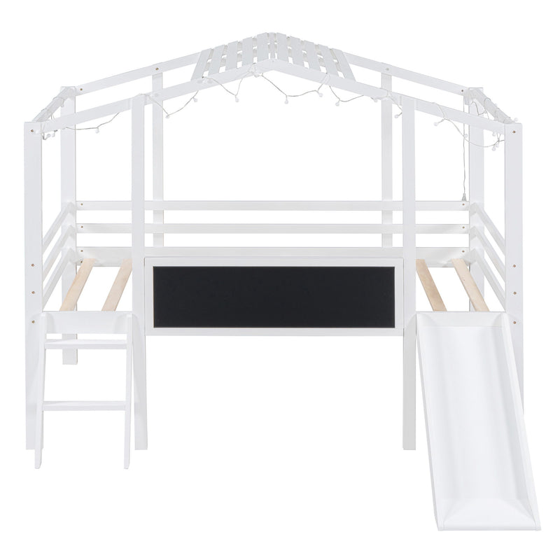 Loft House Bed With Ladder And Slide, With Blackboard And Light Strip On The Roof