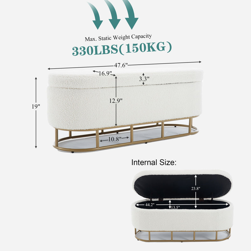 Oval Storage Bench For Living Room Bedroom End Of Bed, Sherpa Fabric Plush Upholstered Storage Ottoman Entryway Bench With Metal Legs