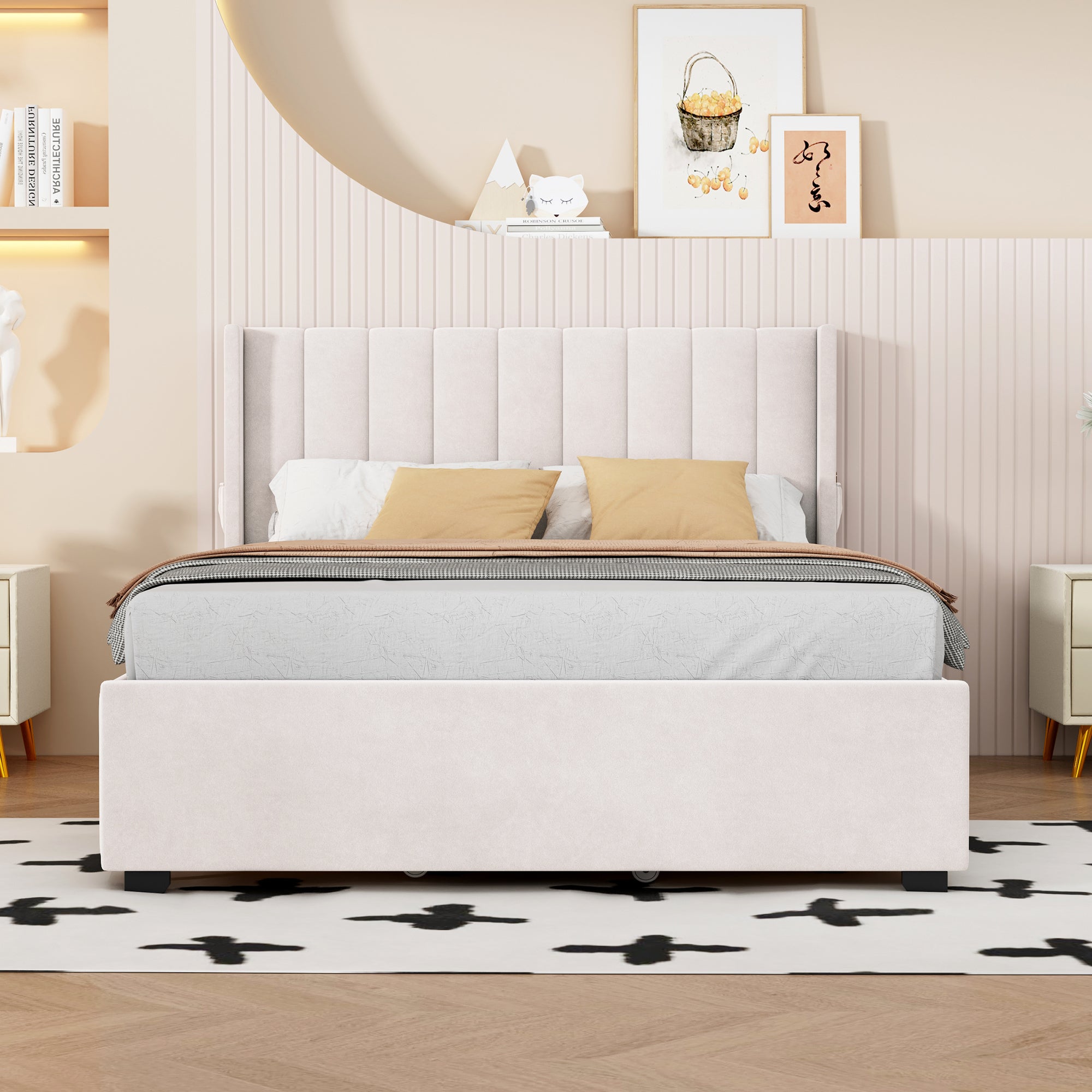 Full Size Upholstered Bed with 4 Drawers, Beige - Atlantic Fine Furniture Melbourne FL