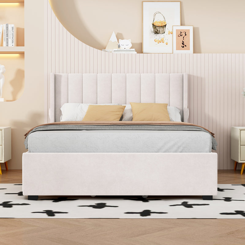 Full Size Upholstered Bed with 4 Drawers, Beige