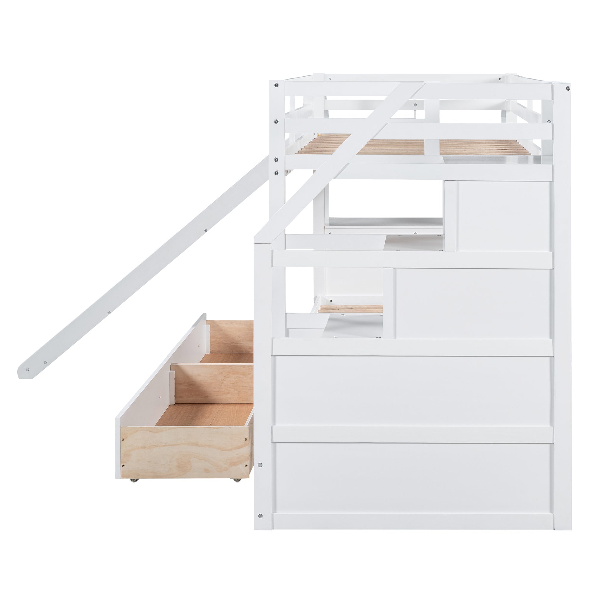 Twin over Twin Bunk Bed with Storage Staircase, Slide and Drawers, Desk with Drawers and Shelves, White - Atlantic Fine Furniture Melbourne FL