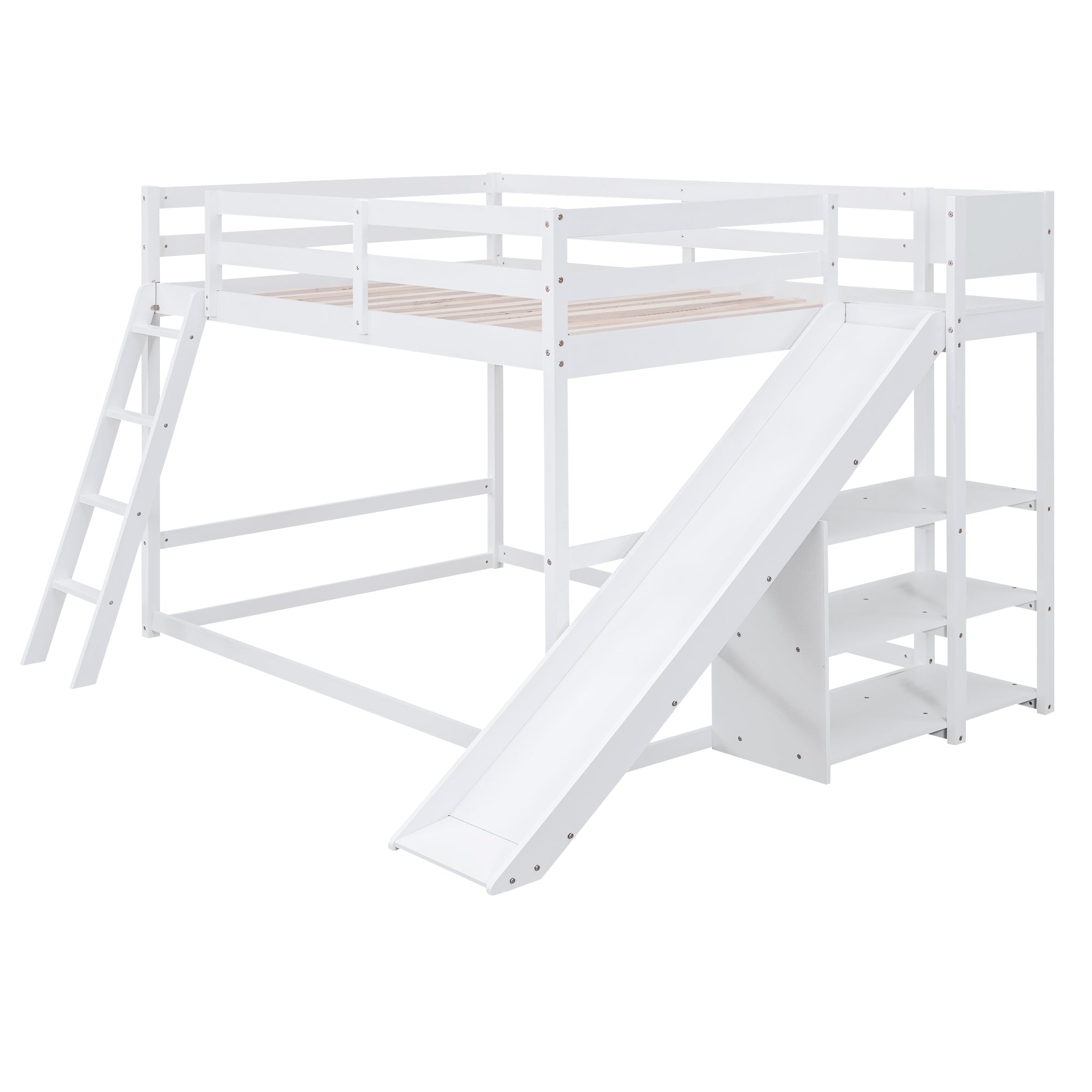 Full over Full Bunk Bed with Ladder, Slide and Shelves, White - Atlantic Fine Furniture Melbourne FL