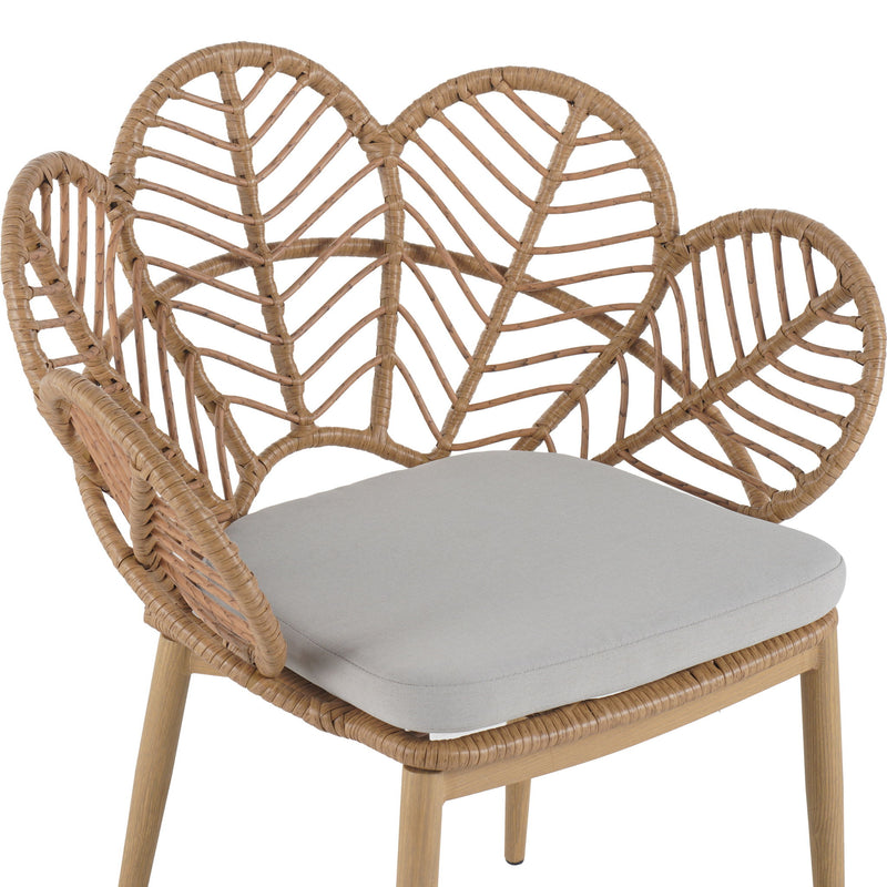 Kirk - Outdoor Wicker Peacock Shape Papasan Style Chair, Teak Finished Leg (Set of 2) - Beige / Light Brown / Light Teak