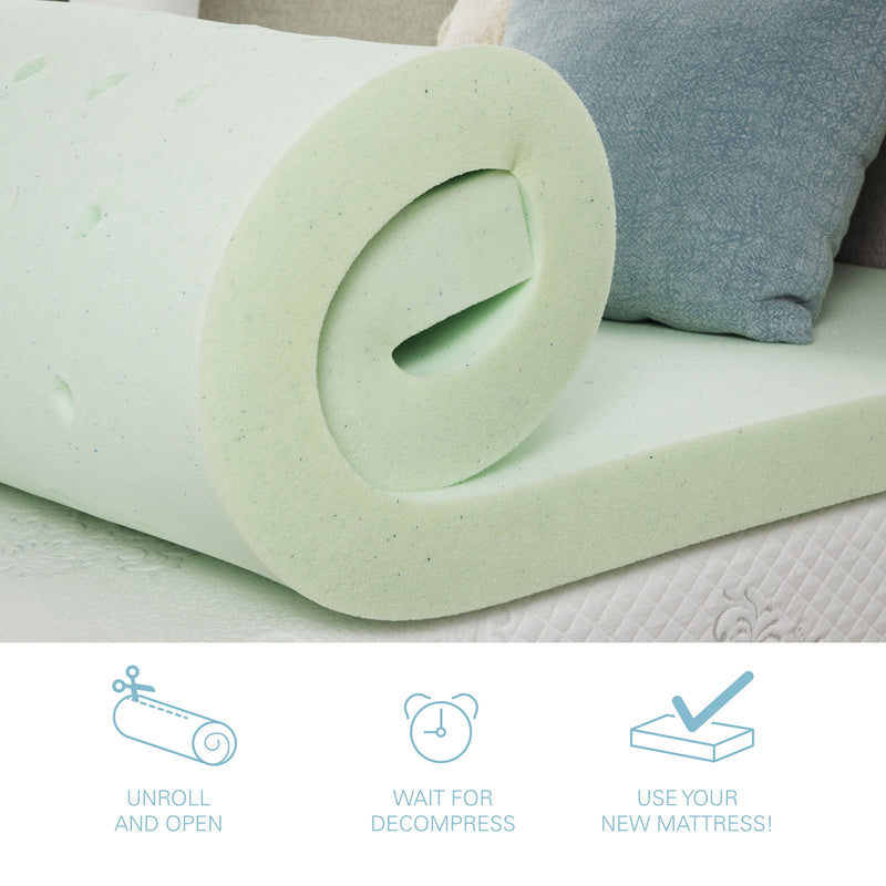 2" Short Queen Size Cool Gel Memory Foam Mattress Topper - Light Green