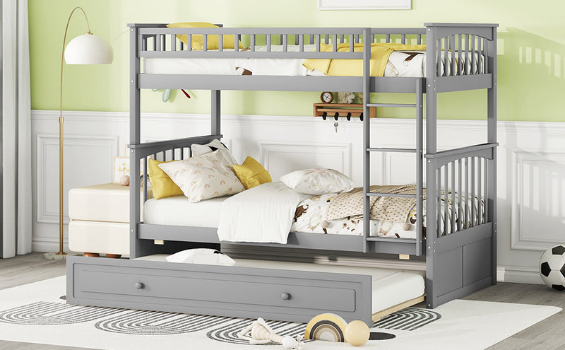 Twin over Twin Bunk Bed with Twin Size Trundle, Convertible Beds, Gray